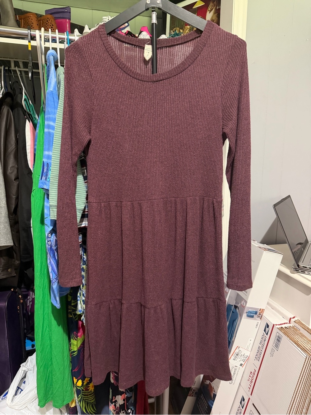 lazy Sundays  Plum Ribbed Long-Sleeve Tiered Dress - Deep Plum